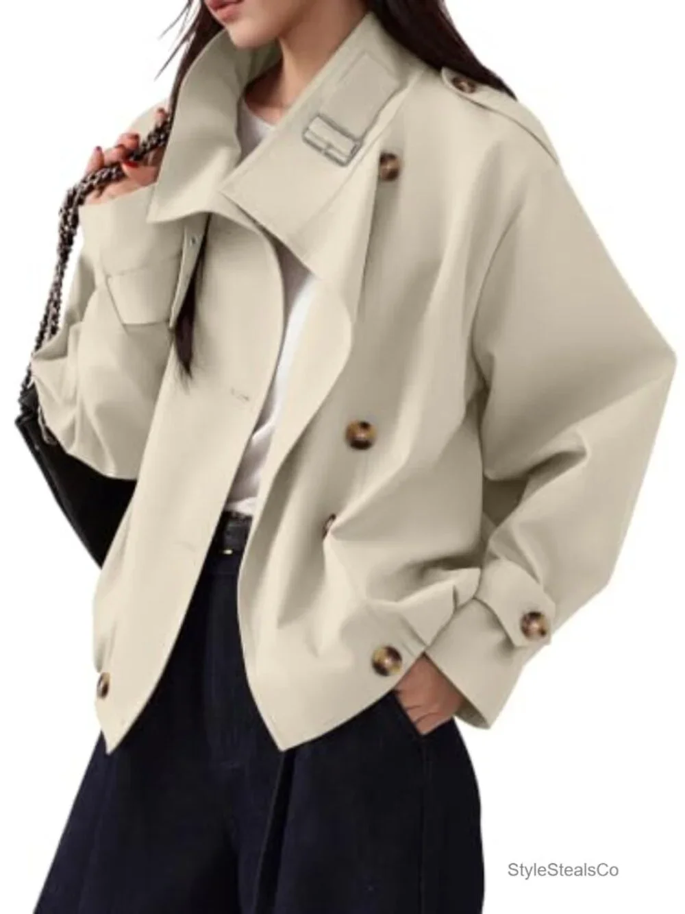 Cropped Trench Coat Vintage Button Jacket with Pockets